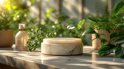 Poster - Elegant marble display podium showcasing beauty products with soft sunlight filtering through lush greenery in the background