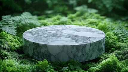 Aufkleber - Elegant minimalist marble podium set against a lush green natural backdrop providing a refined and serene setting to showcase cosmetic products or other luxury items