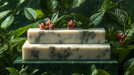 Poster - A photograph showcasing a sleek and modern minimalist marble podium set against a lush green and natural textured backdrop
