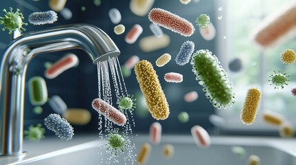 realistic 3d germs spreading around a kitchen sink faucet, with sharp detail and vibrant colors.