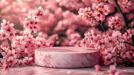 Poster - A small marble podium for displaying cosmetic products surrounded by delicate blooming sakura branches and soft pink petals in the background creating an elegant minimalist and serene composition