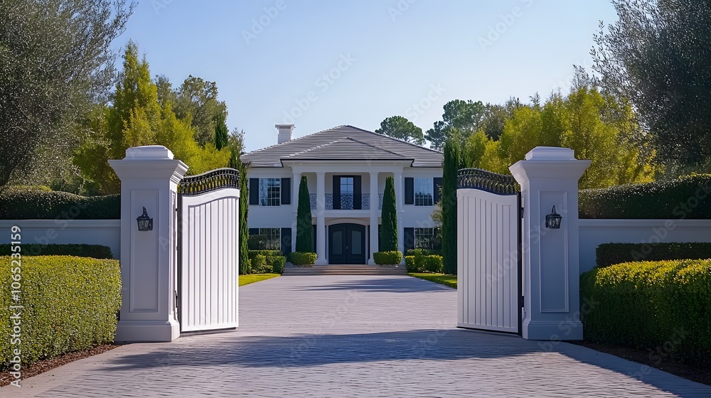 Elegant white residential gate at a contemporary house entrance ...