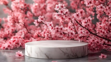 Poster - Minimalist and elegant marble podium for showcasing beauty products set against a serene and tranquil background of full bloom sakura flowers with delicate pink tones