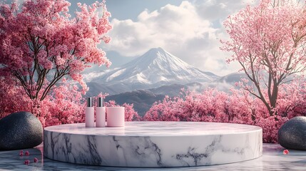 Poster - Elegant marble podium against a serene backdrop of blooming sakura branches and the iconic Mount Fuji providing a stunning display for premium skincare products