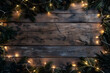 © Asif - A rustic wooden background with an aerial view of lighted garland on the wood table top and bottom edges, very detailed, with a wooden texture.