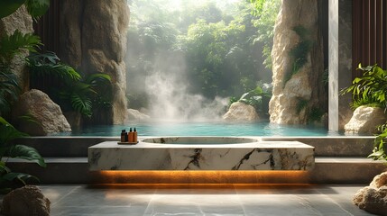 Poster - A photograph of a small marble podium for cosmetic products placed near a natural hot spring surrounded by steam with lush greenery and stone accents creating a tranquil