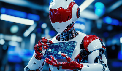 Aufkleber - A robot holding computer chips on the background of a futuristic laboratory 