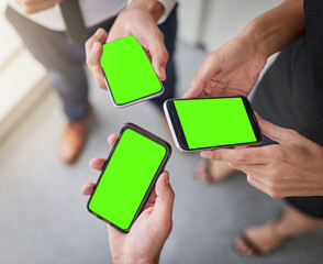 Poster - Above, green screen or hands of business people with phone for networking, notification or connection. Group, teamwork or coworkers sharing mockup space online for social media, sync or mobile app