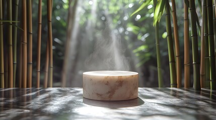 Poster - Marble Cosmetics Podium Amidst Serene Bamboo Foliage with Dappled Sunlight   A tranquil Asian inspired setting for showcasing beauty and wellness products in a natural minimalist environment