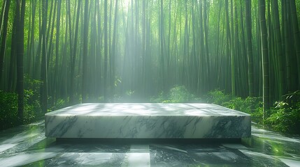 Poster - Elegant marble podium showcasing beauty products amid the tranquil setting of a dense Chinese bamboo forest with soft natural lighting creating a peaceful zen like ambiance