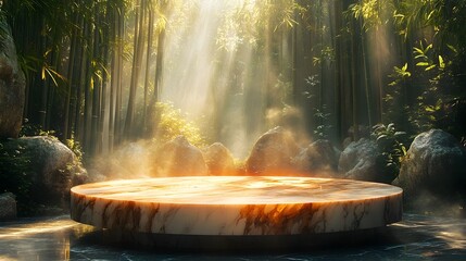 Poster - Marble Cosmetic Podium Nestled in Tranquil Bamboo Forest with Warm Lighting Evoking a Traditional Chinese Aesthetic