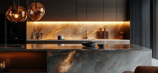 Poster - Modern kitchen interior with marble countertops, sleek cabinetry, and warm lighting.