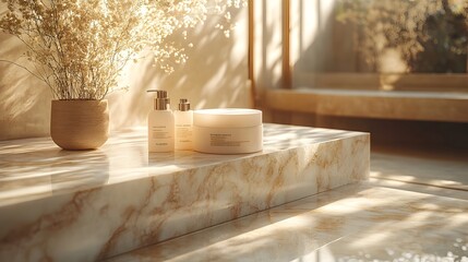 Poster - A marble podium displaying skincare products in a harmonious and Thai inspired setting