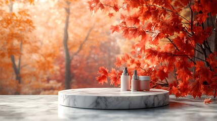 Poster - Autumn Inspired Marble Podium Display for Beauty Products A Tranquil and Elegant Setting with Soft Maple Leaves in Subtle Red Hues