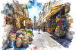 © Eleanor - Watercolor illustration of Jerusalem street. Vibrant view of the souvenir market in the old city, filled with colorful trinkets and historic charm.