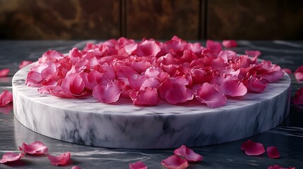 Poster - Elegant marble podium showcasing a lush floral accent of scattered rose petals creating a captivating and refined setting for beauty product display and photography