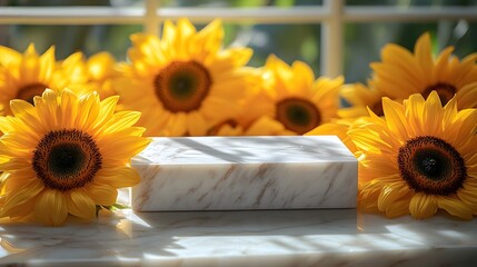 Poster - A marble podium standing amid a naturalistic arrangement of large sunflower petals creating a bright and nature inspired aesthetic for showcasing beauty products
