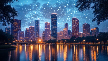 Poster - Captivating city skyline with intricate digital connections and cloud computing icons, symbolizing the transformation of urban environments through innovative technology