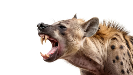 Laughing hyena showing teeth isolated on white background