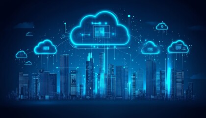 Poster - Captivating city skyline with intricate digital connections and cloud computing icons, symbolizing the transformation of urban environments through innovative technology