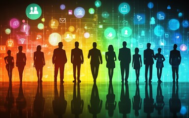 Aufkleber - Creative business networking concept with business people silhouettes and various social media icons set against a blurred backdrop, utilizing a striking double exposure effect