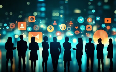 Poster - Creative business networking concept with business people silhouettes and various social media icons set against a blurred backdrop, utilizing a striking double exposure effect
