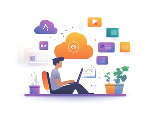 Aufkleber - Dynamic scene of an individual working on a laptop, with cloud technology and data icons hovering above, illustrating the concept of cloud storage for business applications