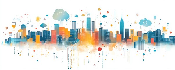 Poster - Dynamic urban skyline illustration adorned with digital device icons and cloud symbols