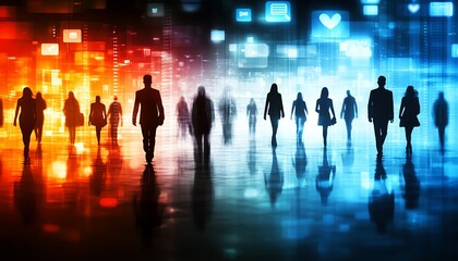 Aufkleber - Impactful business networking concept featuring the silhouettes of individuals and social media icons on a blurred backdrop, enhanced with an eyecatching double exposure effect