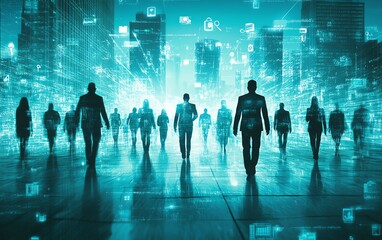Aufkleber - Innovative business network scene featuring silhouettes of business figures and social media symbols on a blurred background