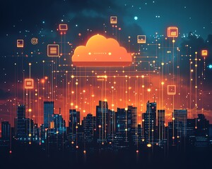 Poster - Modern city skyline with a rich array of digital device icons and clouds, representing cloud computing, anchored by a central abstract global network connection visualization