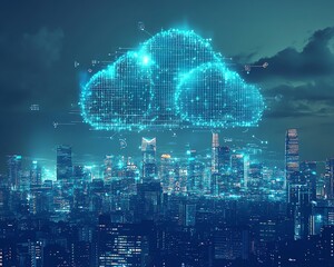 Poster - Modern city skyline with digital links and icons representing cloud computing, showcasing how technology enhances and transforms urban living experiences