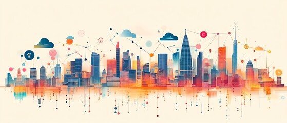 Aufkleber - Striking city skyline illustration featuring digital connections and cloud computing symbols, embodying the integration of innovative technology into urban life