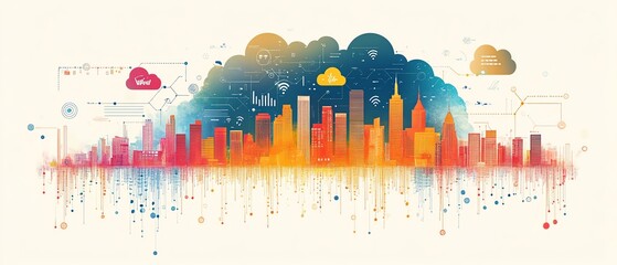 Aufkleber - Striking city skyline illustration featuring digital connections and cloud computing symbols, embodying the integration of innovative technology into urban life