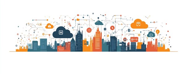 Poster - Striking city skyline adorned with icons of digital devices and clouds