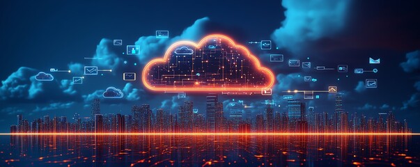 Poster - Striking city skyline adorned with icons of digital devices and clouds