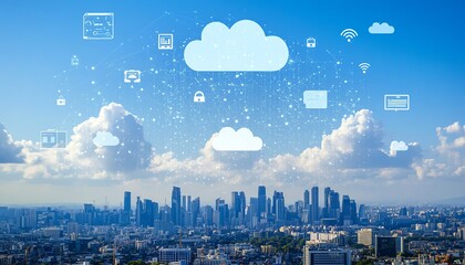 Poster - A captivating city skyline showcasing digital devices and cloud icons