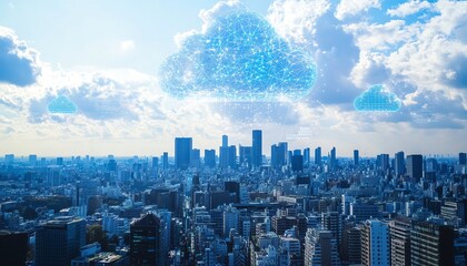 Poster - A captivating city skyline showcasing digital devices and cloud icons