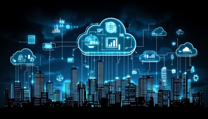 Poster - A captivating city skyline showcasing digital devices and cloud icons