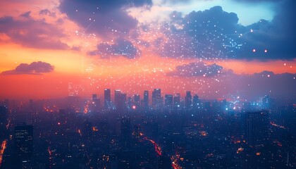 Poster - A captivating city skyline showcasing digital devices and cloud icons