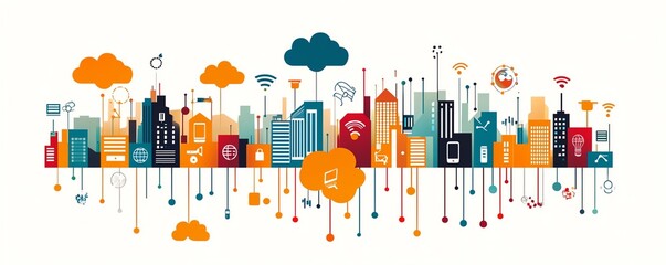 Poster - A creative city skyline filled with digital device icons and clouds