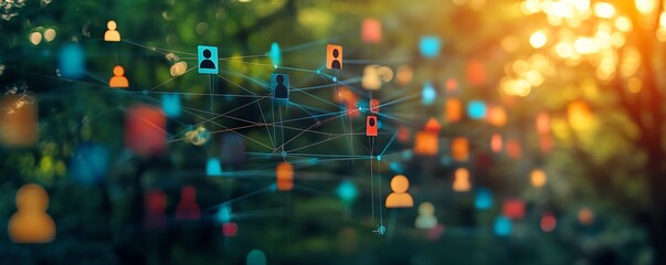 Aufkleber - A creative representation of a business network with silhouettes of professionals and social media icons set against a blurred background