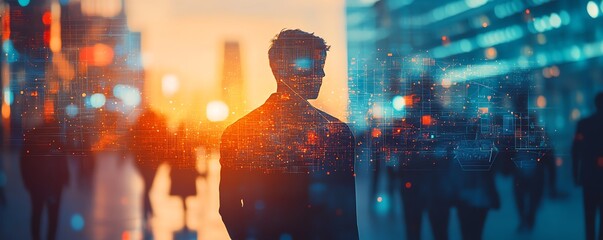 Poster - A dynamic business network concept featuring silhouettes of business people and social media icons layered on a blurred background, enhanced with a double exposure effect