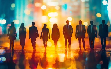 Aufkleber - A modern business network visualization with business people silhouettes and social media icons layered over a softly blurred background, employing a unique double exposure style