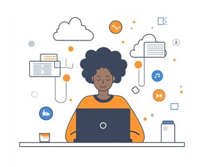 Aufkleber - A stylish image of an individual using a laptop, surrounded by cloud technology and data icons above, highlighting the role of cloud storage in managing business information