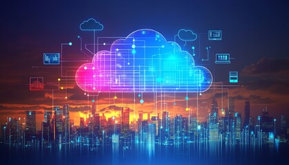 Poster - A stunning urban skyline highlighted by icons of digital devices and clouds