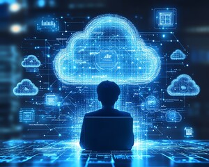 Aufkleber - A stylish image of an individual using a laptop, surrounded by cloud technology and data icons above, highlighting the role of cloud storage in managing business information