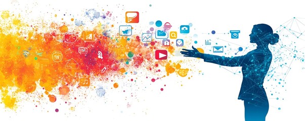 Aufkleber - Abstract graphic of a business person extending hands to digital icons on a virtual screen