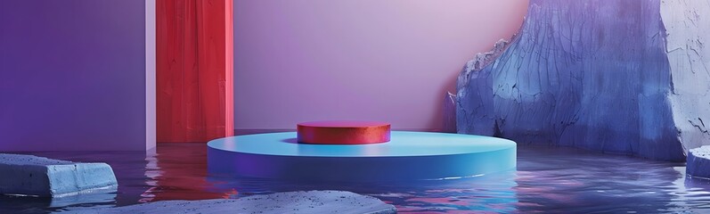 Background water podium product 3d cosmetic abstract platform blue beauty. Render background podium water scene red display set backdrop presentation purple wall floor stone stand object minimal. 