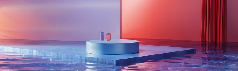 Background water podium product 3d cosmetic abstract platform blue beauty. Render background podium water scene red display set backdrop presentation purple wall floor stone stand object minimal. 